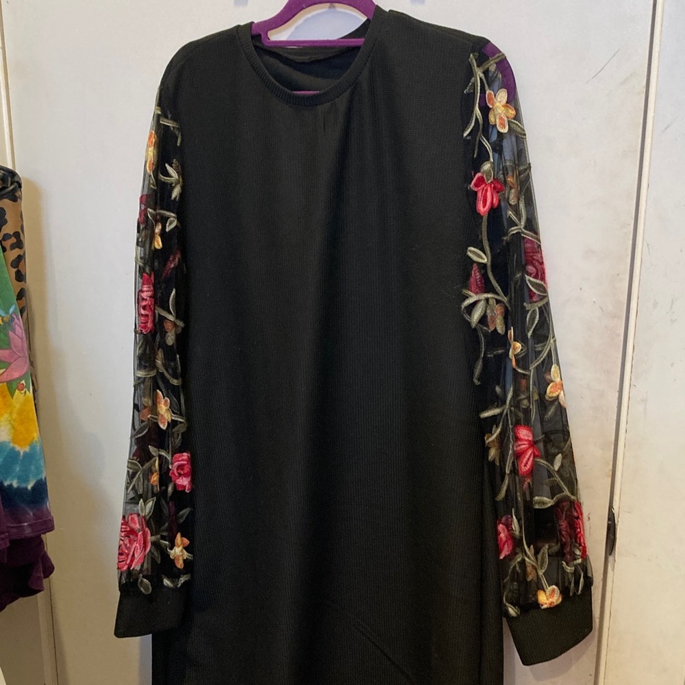 Floral Sleeve Black Dress